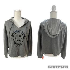 NWT Anxiety Club Dripping Smiley Face Gray Hooded Sweatshirt Oversized SZ Small